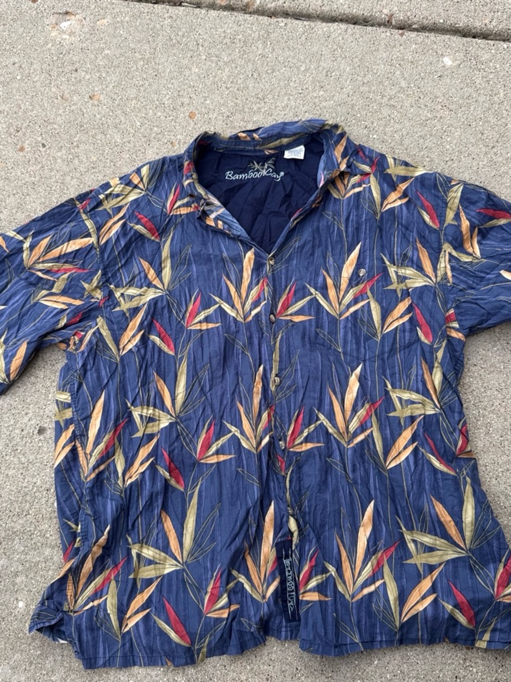 BAMBOO Navy Button-Up Shirt with Gold and Red Leaf Print